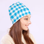 Cyan Blue And White Gingham Print Beanie
