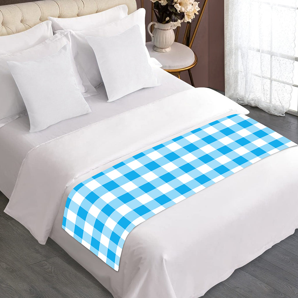 Cyan Blue And White Gingham Print Bed Runner