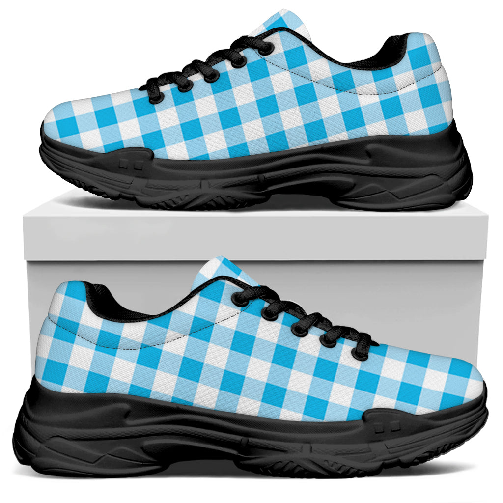 Cyan Blue And White Gingham Print Black Chunky Shoes