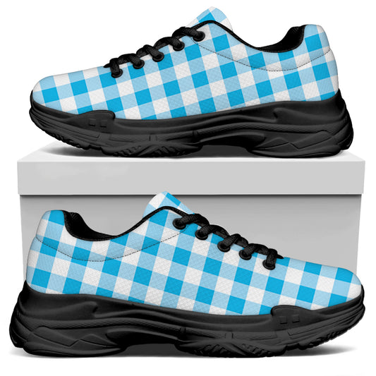 Cyan Blue And White Gingham Print Black Chunky Shoes