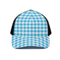 Cyan Blue And White Gingham Print Black Mesh Trucker Hat