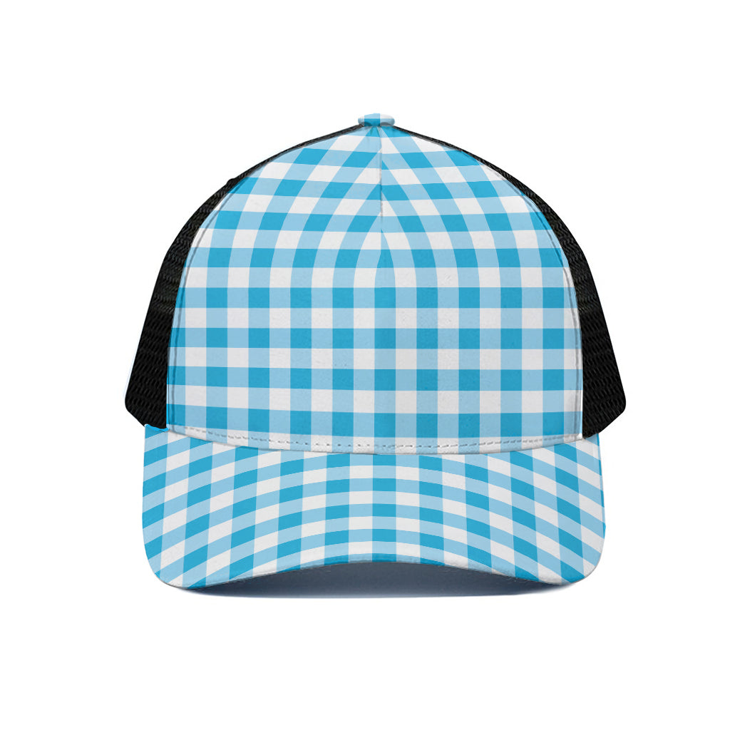 Cyan Blue And White Gingham Print Black Mesh Trucker Cap