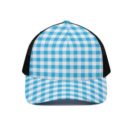 Cyan Blue And White Gingham Print Black Mesh Trucker Cap