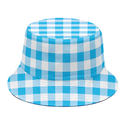 Cyan Blue And White Gingham Print Bucket Hat