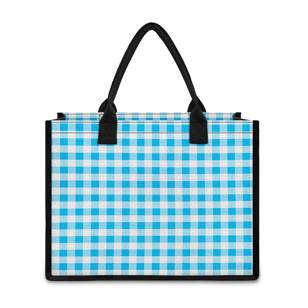 Cyan Blue And White Gingham Print Canvas Tote Bag