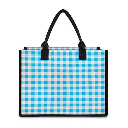 Cyan Blue And White Gingham Print Canvas Tote Bag