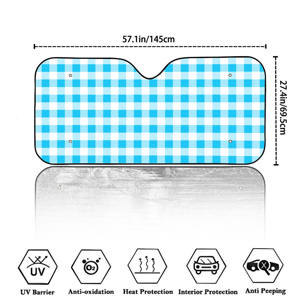 Cyan Blue And White Gingham Print Car Windshield Sun Shade