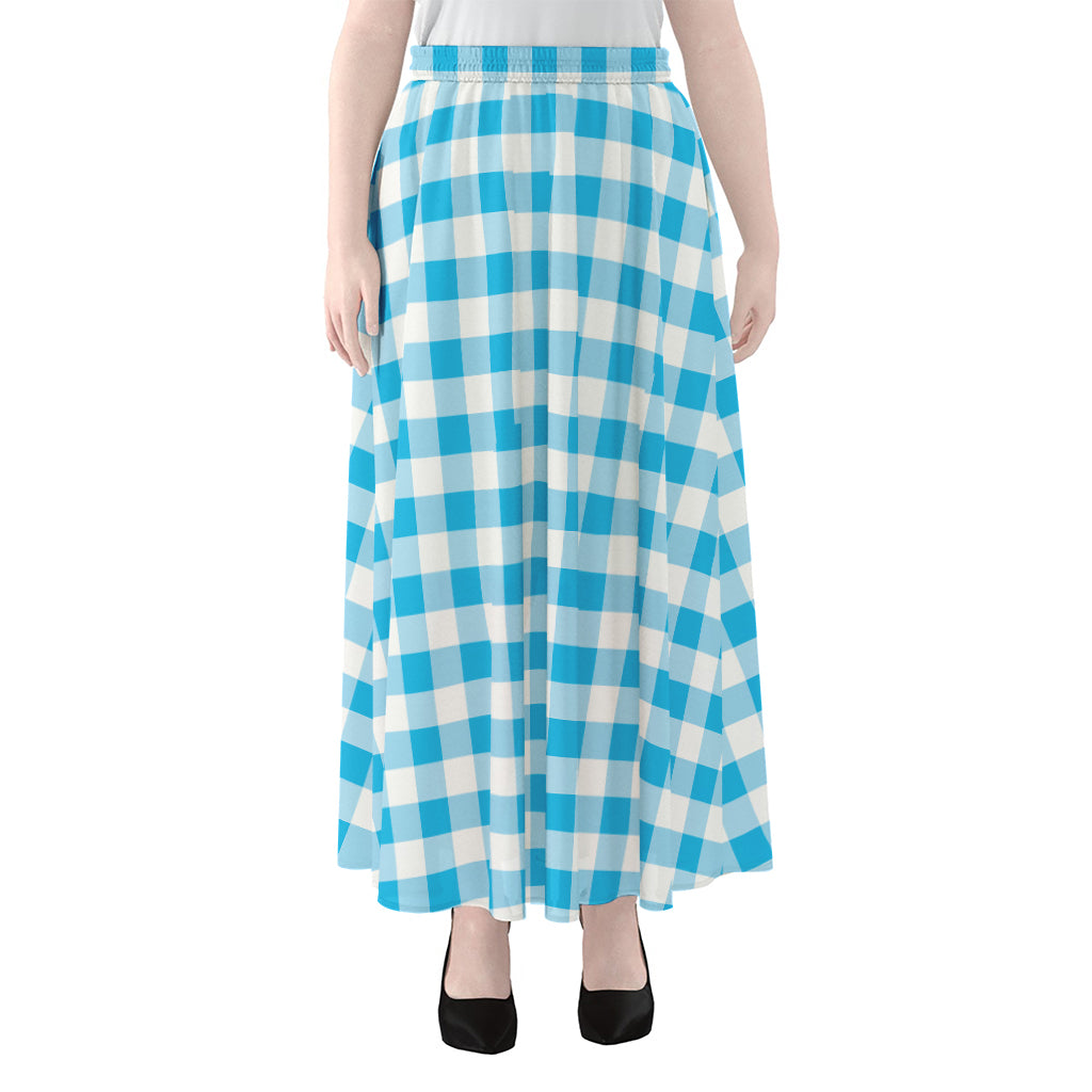 Cyan Blue And White Gingham Print Chiffon Maxi Skirt