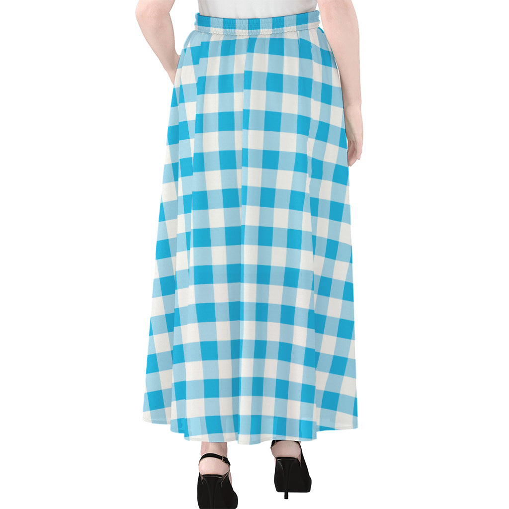 Cyan Blue And White Gingham Print Chiffon Maxi Skirt