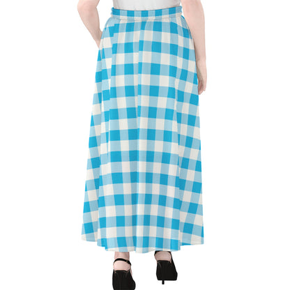Cyan Blue And White Gingham Print Chiffon Maxi Skirt
