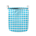 Cyan Blue And White Gingham Print Collapsible Laundry Basket