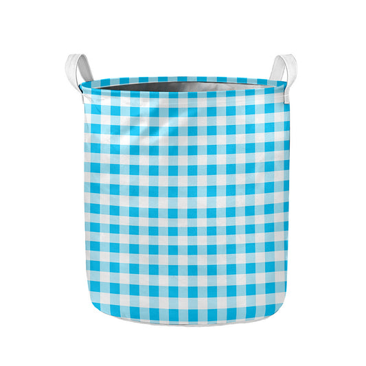 Cyan Blue And White Gingham Print Collapsible Laundry Basket