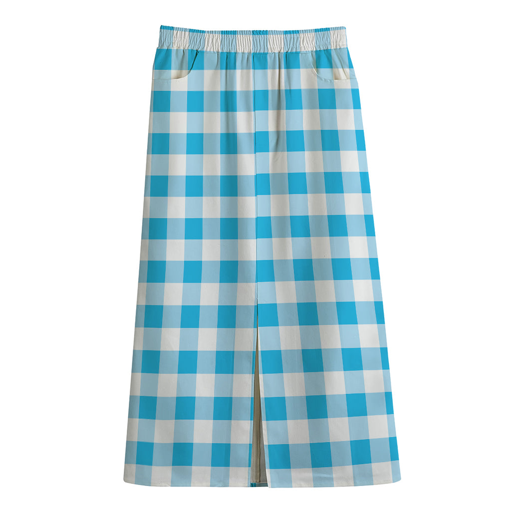 Cyan Blue And White Gingham Print Cotton Front Slit Maxi Skirt
