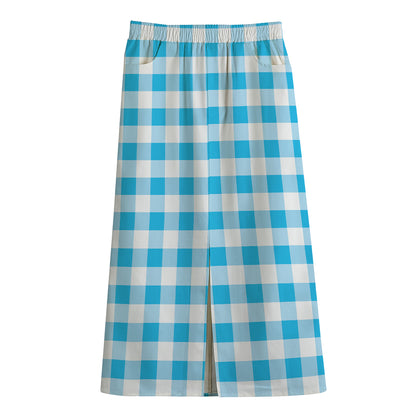 Cyan Blue And White Gingham Print Cotton Front Slit Maxi Skirt