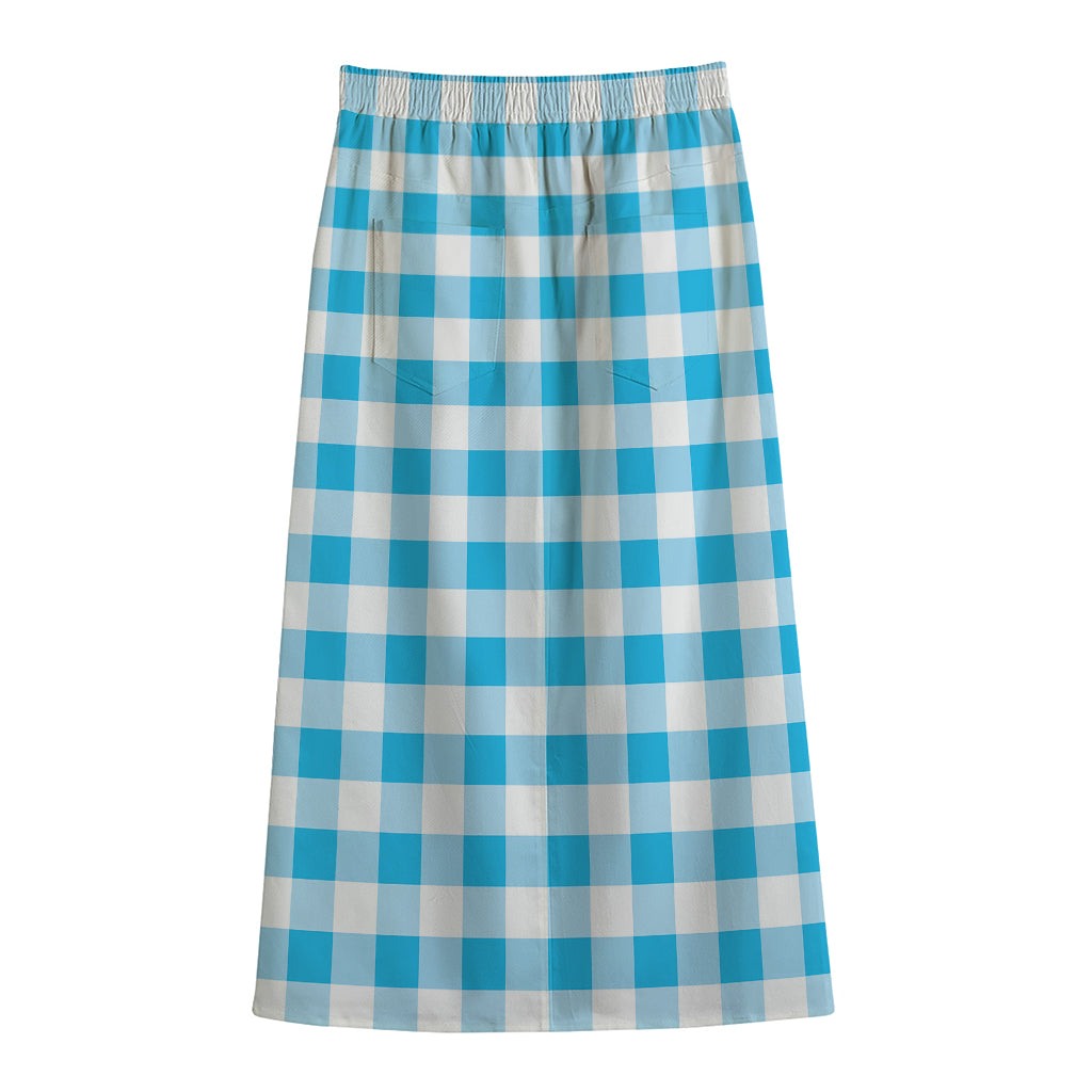 Cyan Blue And White Gingham Print Cotton Front Slit Maxi Skirt