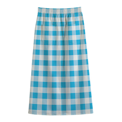 Cyan Blue And White Gingham Print Cotton Front Slit Maxi Skirt