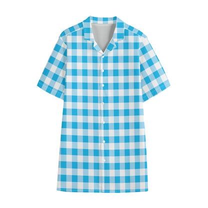 Cyan Blue And White Gingham Print Cotton Hawaiian Shirt