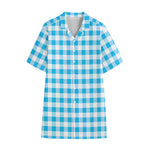 Cyan Blue And White Gingham Print Cotton Hawaiian Shirt