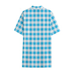 Cyan Blue And White Gingham Print Cotton Hawaiian Shirt