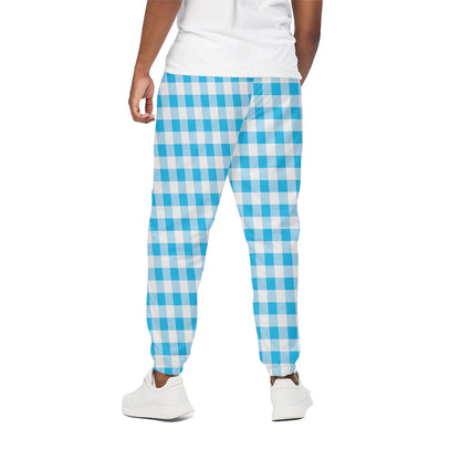 Cyan Blue And White Gingham Print Cotton Pants