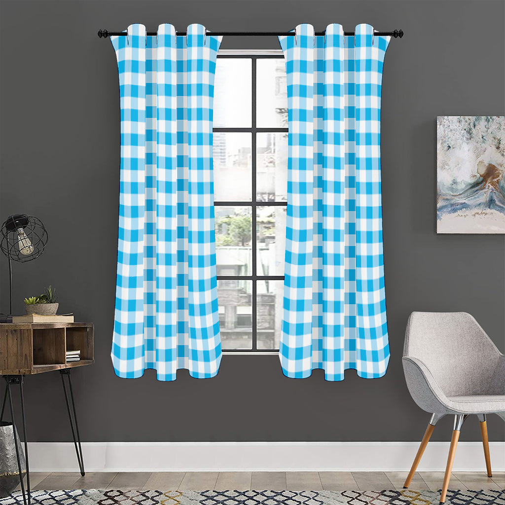 Cyan Blue And White Gingham Print Curtain