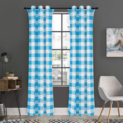 Cyan Blue And White Gingham Print Curtain