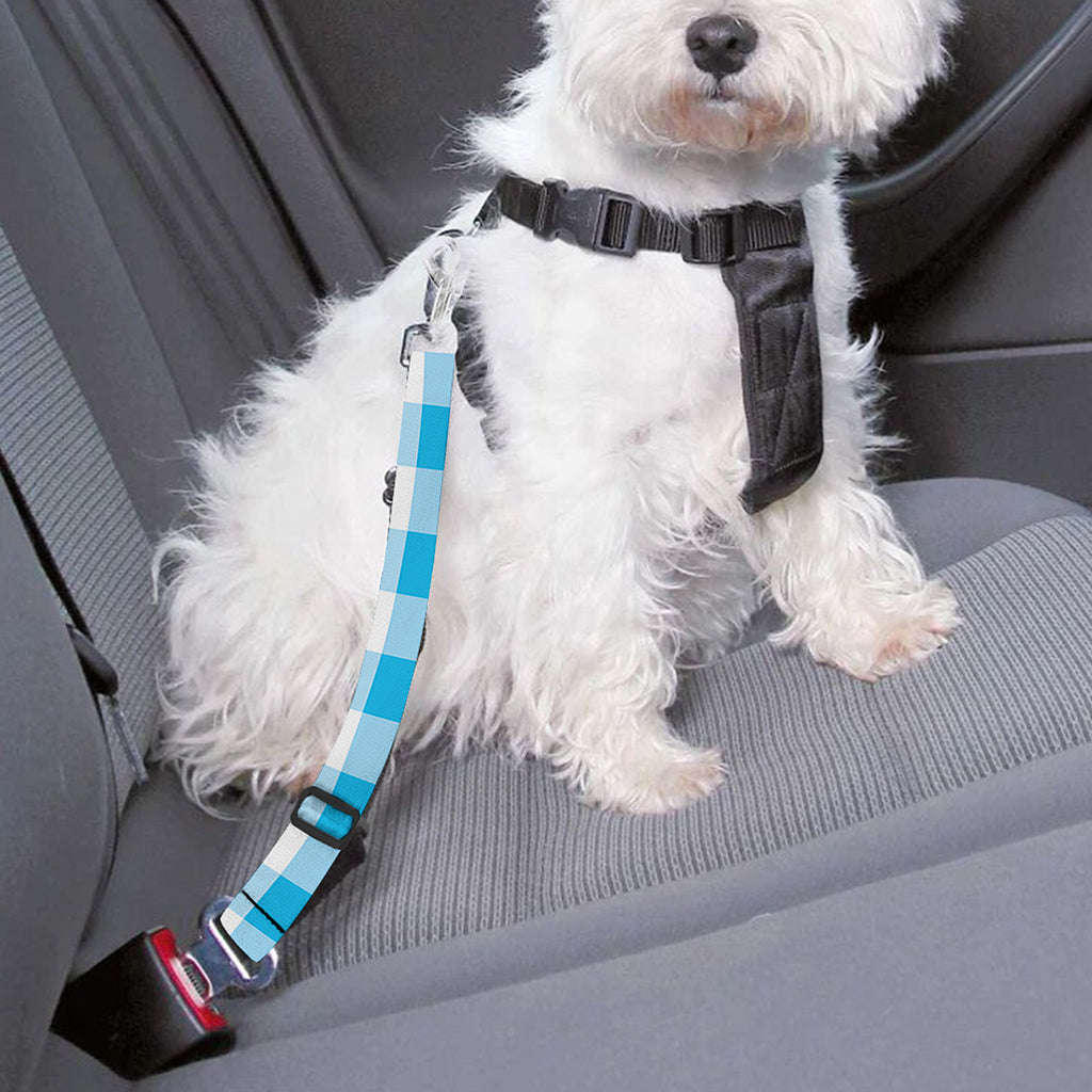Cyan Blue And White Gingham Print Dog Seat Belt