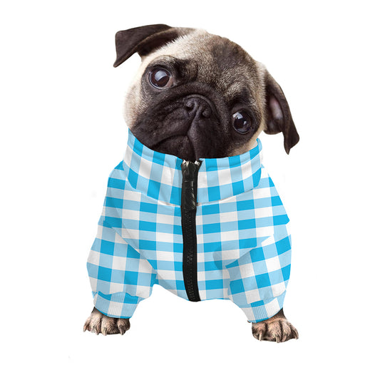 Cyan Blue And White Gingham Print Dog Zip Up Jacket