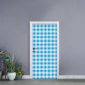 Cyan Blue And White Gingham Print Door Sticker