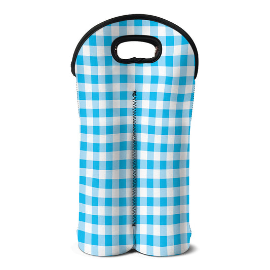 Cyan Blue And White Gingham Print Double Neoprene Wine Tote