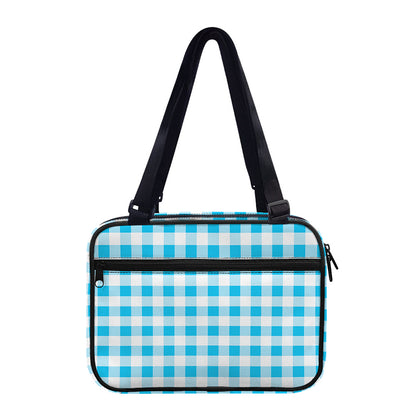 Cyan Blue And White Gingham Print Double Strap Bible Bag