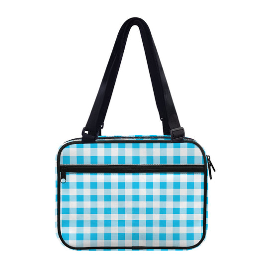 Cyan Blue And White Gingham Print Double Strap Bible Bag