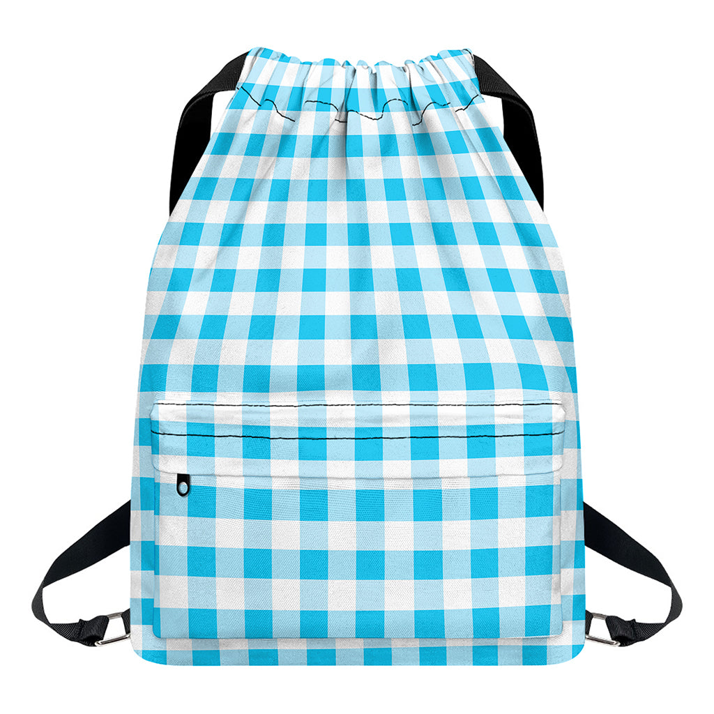 Cyan Blue And White Gingham Print Drawstring Backpack