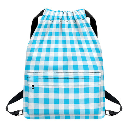 Cyan Blue And White Gingham Print Drawstring Backpack