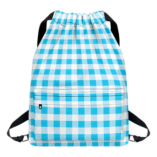 Cyan Blue And White Gingham Print Drawstring Backpack