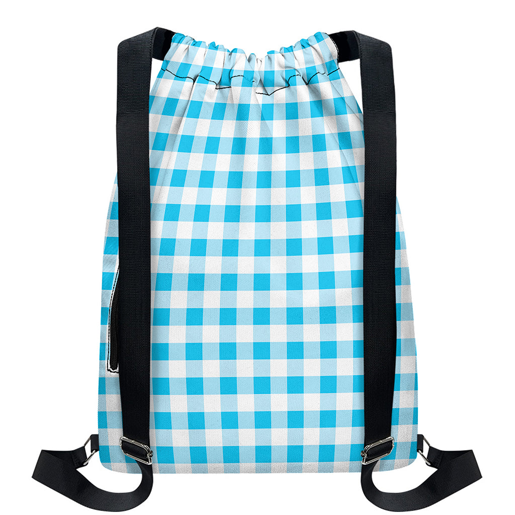 Cyan Blue And White Gingham Print Drawstring Backpack