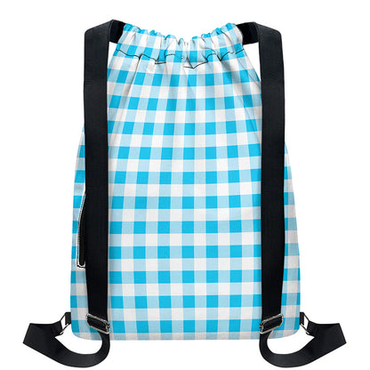 Cyan Blue And White Gingham Print Drawstring Backpack