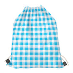 Cyan Blue And White Gingham Print Drawstring Bag