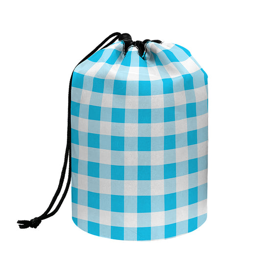 Cyan Blue And White Gingham Print Drawstring Makeup Bag