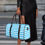 Cyan Blue And White Gingham Print Duffle Bag