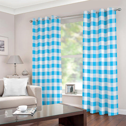 Cyan Blue And White Gingham Print Extra Wide Grommet Curtains