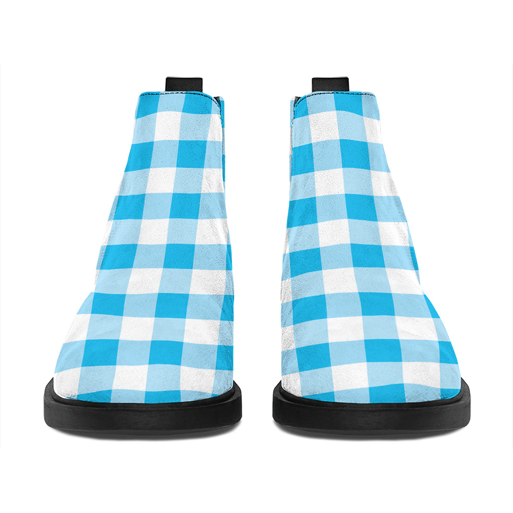 Cyan Blue And White Gingham Print Flat Ankle Boots