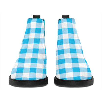 Cyan Blue And White Gingham Print Flat Ankle Boots