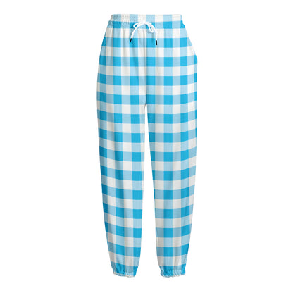 Cyan Blue And White Gingham Print Fleece Lined Knit Pants