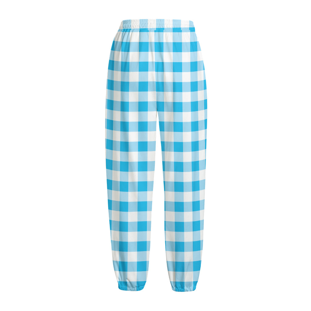 Cyan Blue And White Gingham Print Fleece Lined Knit Pants