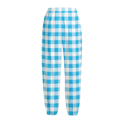 Cyan Blue And White Gingham Print Fleece Lined Knit Pants