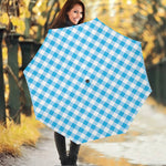Cyan Blue And White Gingham Print Foldable Umbrella