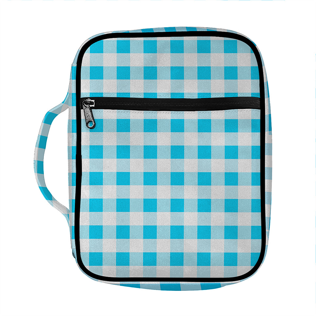 Cyan Blue And White Gingham Print Front Pocket Bible Bag