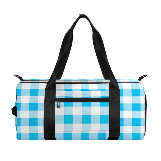 Cyan Blue And White Gingham Print Gym Bag
