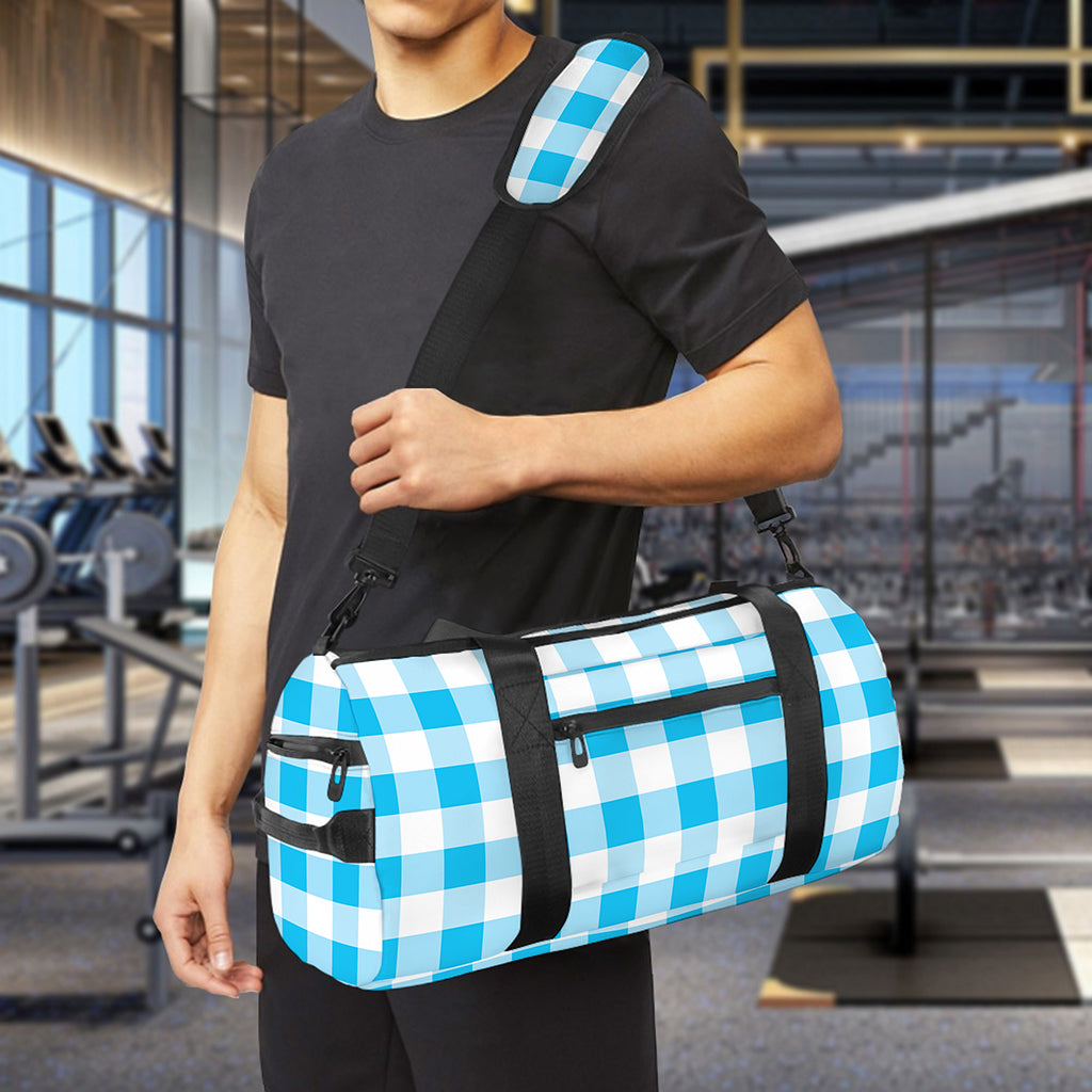 Cyan Blue And White Gingham Print Gym Bag